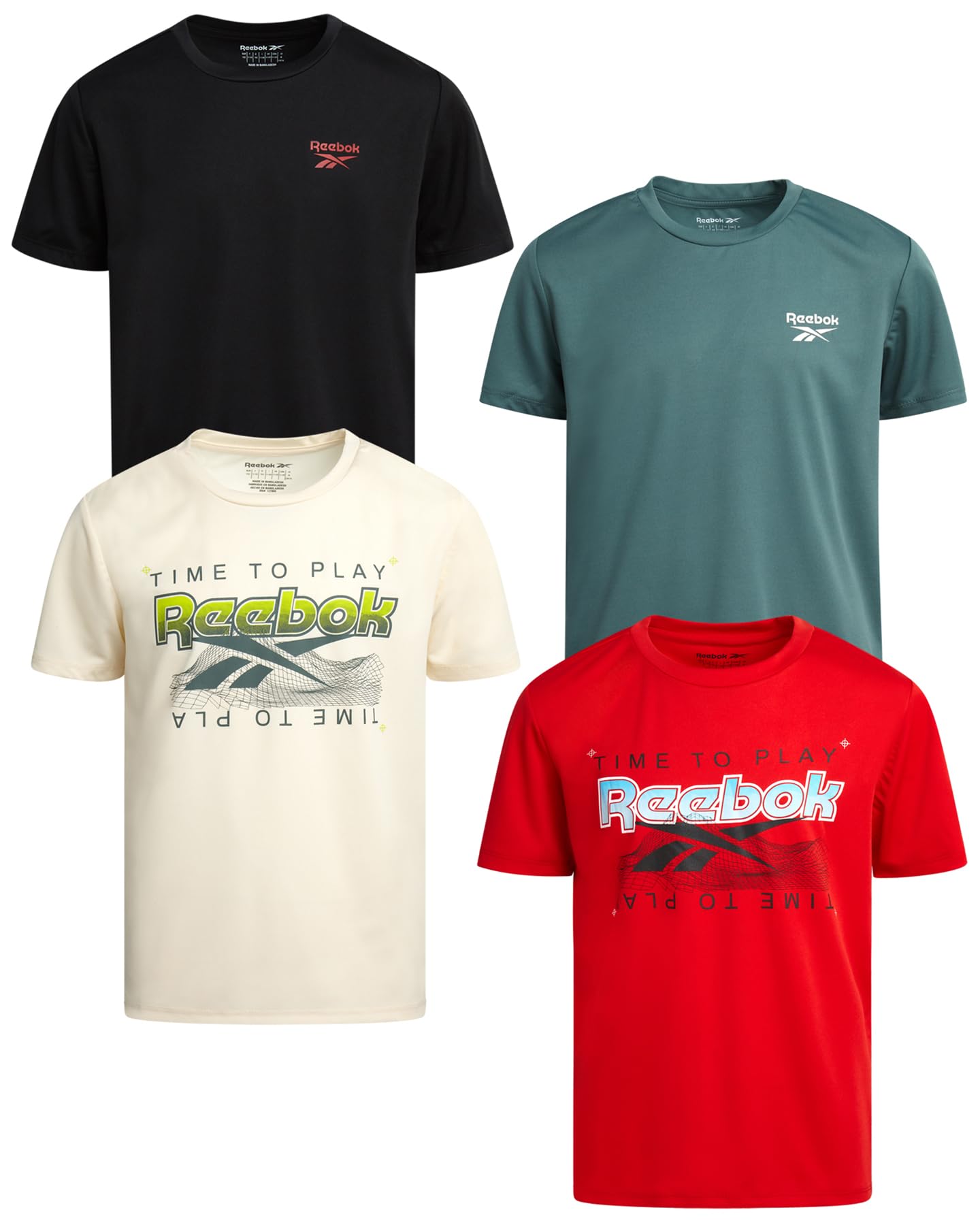 Reebok Active Boys Tshirts - 4 Pack Dry Fit Crew Neck Short Sleeve Boys Athletic Shirts Youth Kids Activewear